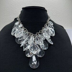 RJ Graziano Faceted Lucite Teardrops Bib Statement Necklace Silver Tone Glam